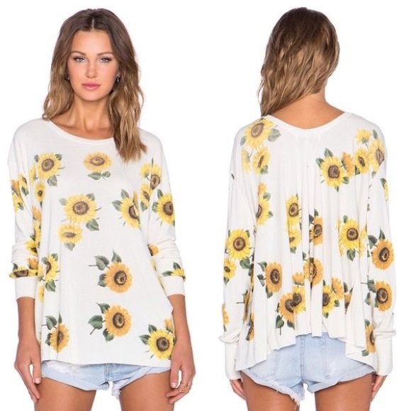 Wildfox Tops - Wildfox Sunflower Print Long Sleeve Tee - White and Yellow